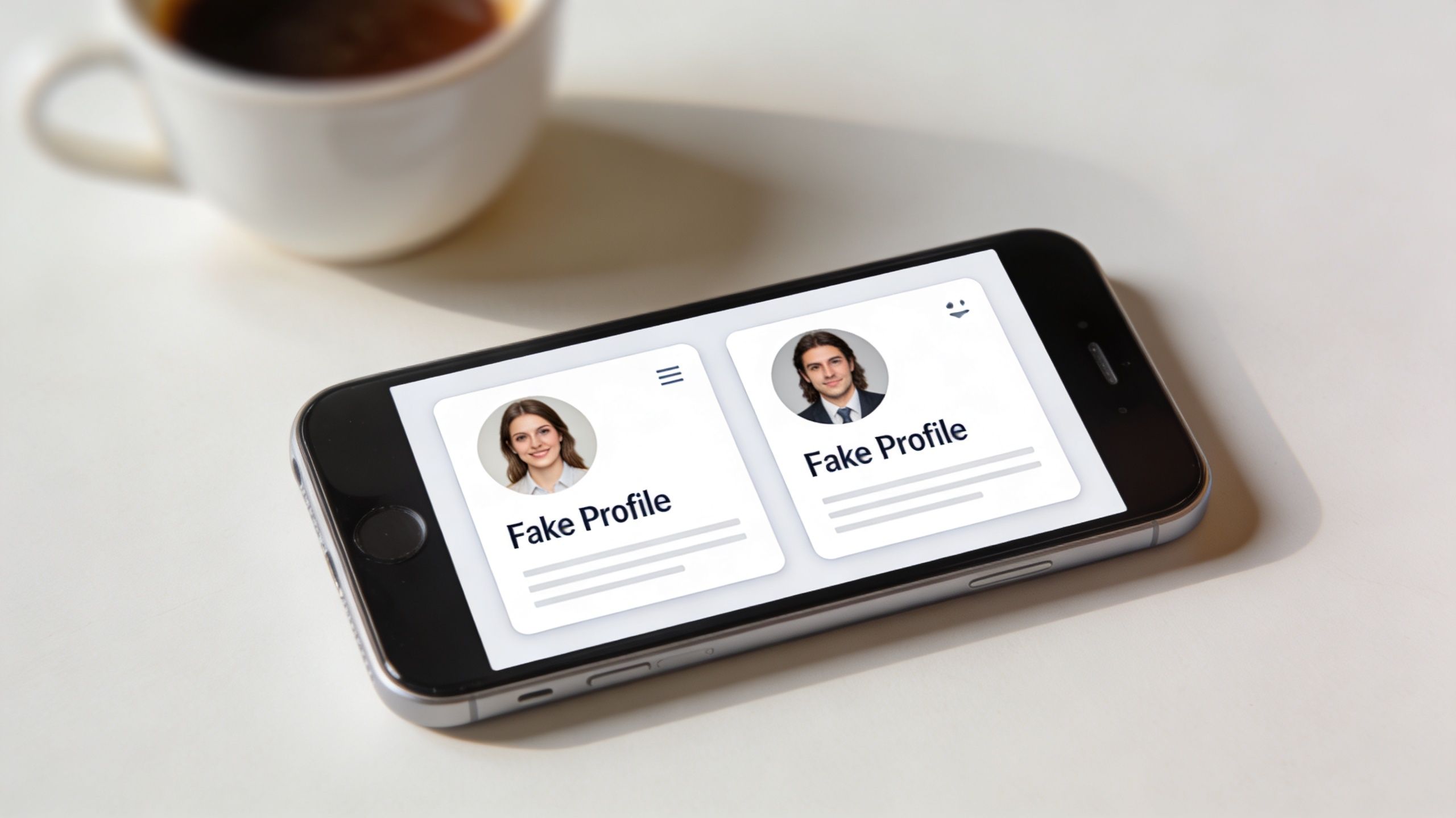 A smartphone screen displaying two social media profile cards labeled as fake profiles on a white table.