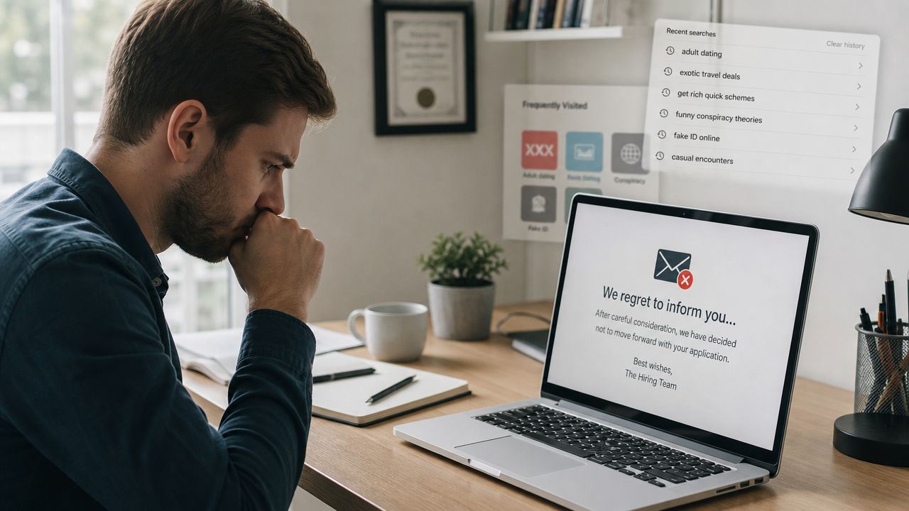 A man sitting at his desk looking disappointed at a job rejection email on his laptop screen.