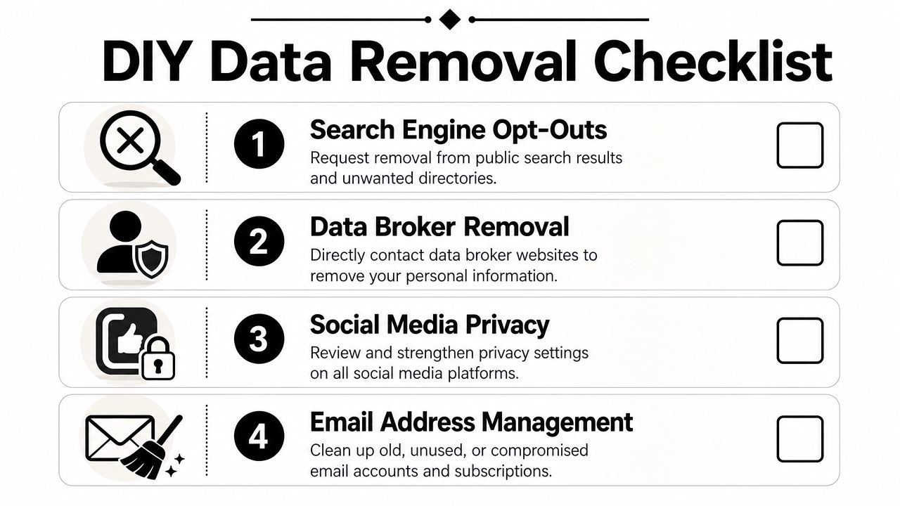 A four-step DIY data removal checklist infographic illustrating tips for securing personal information online.