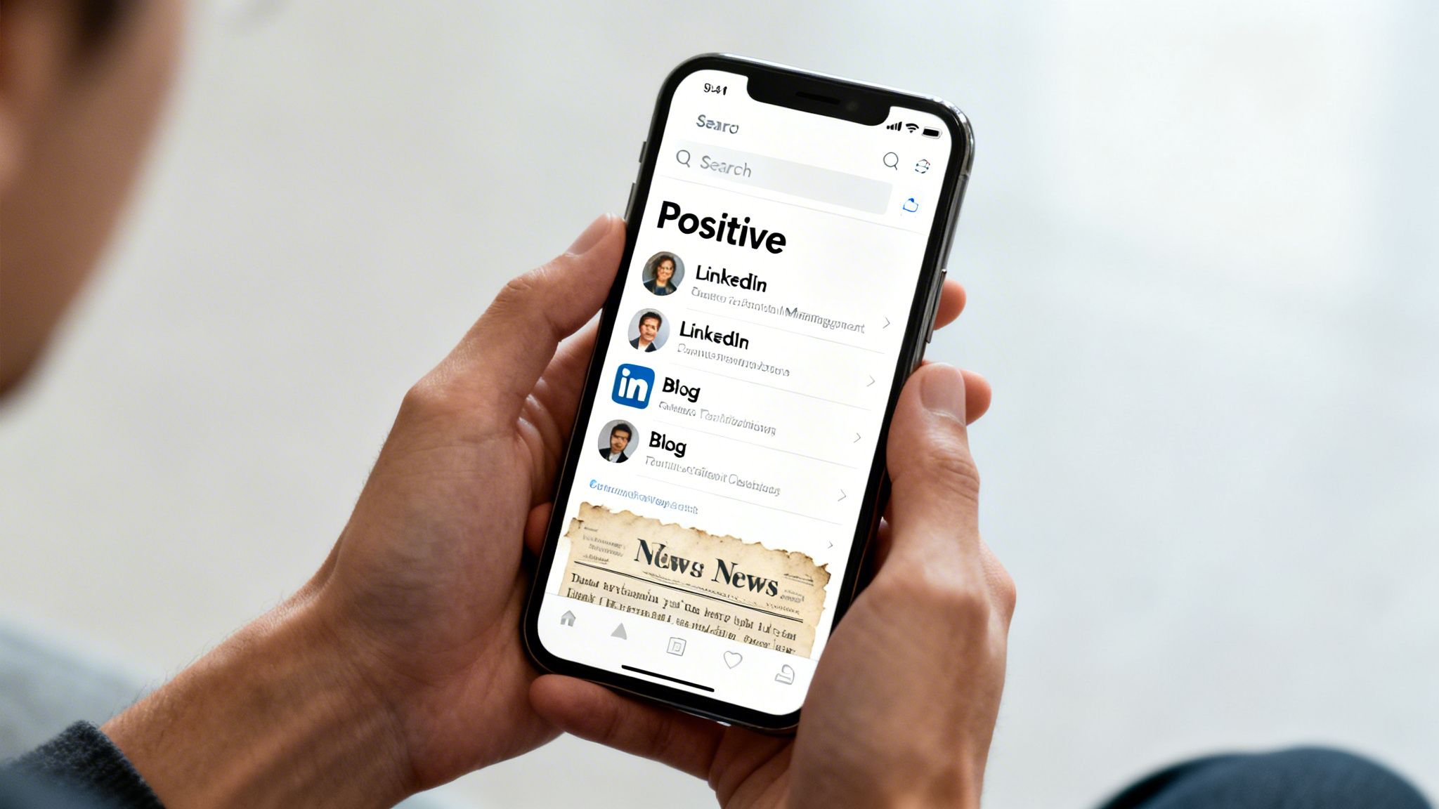A person holds a smartphone displaying search results for 'Positive', showing LinkedIn profiles and news.