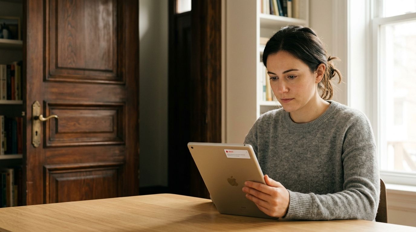 A young woman sits at a wooden table looking intently at a tablet computer in a study.