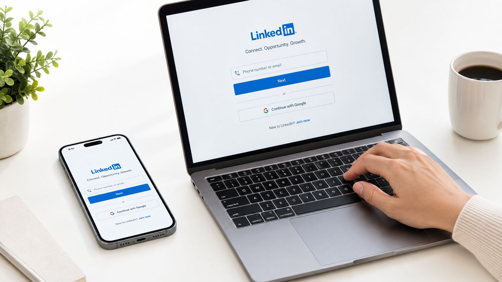 A person using a laptop with the LinkedIn login page displayed while a smartphone sits nearby.