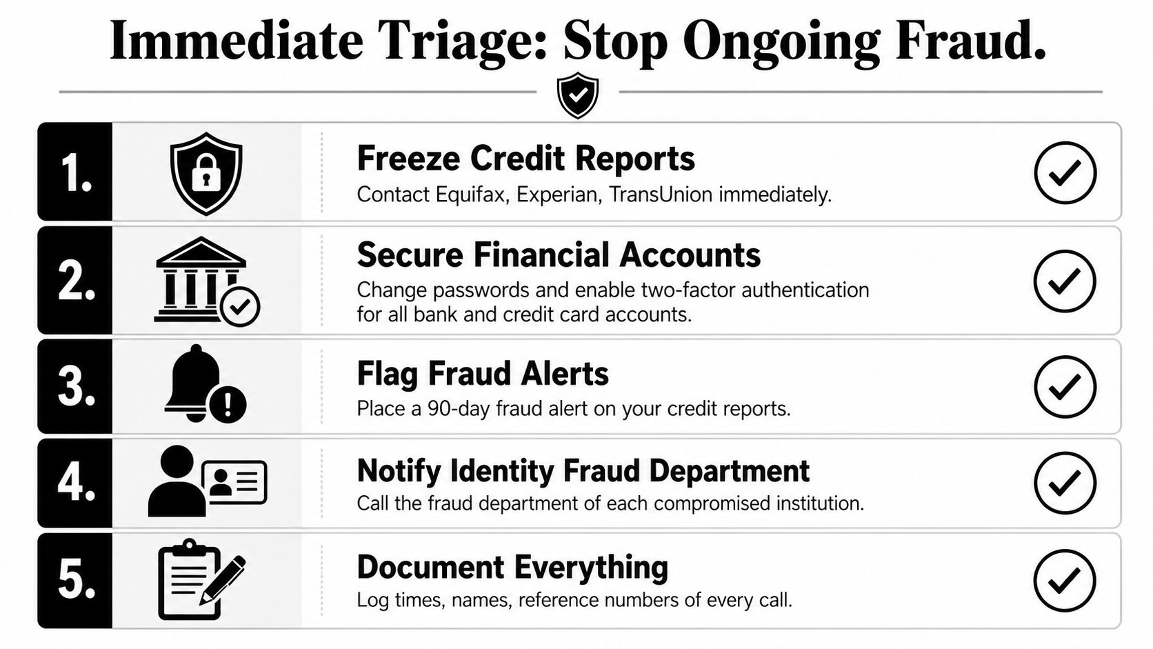 A checklist of five immediate steps to take to stop ongoing fraud after experiencing identity theft.