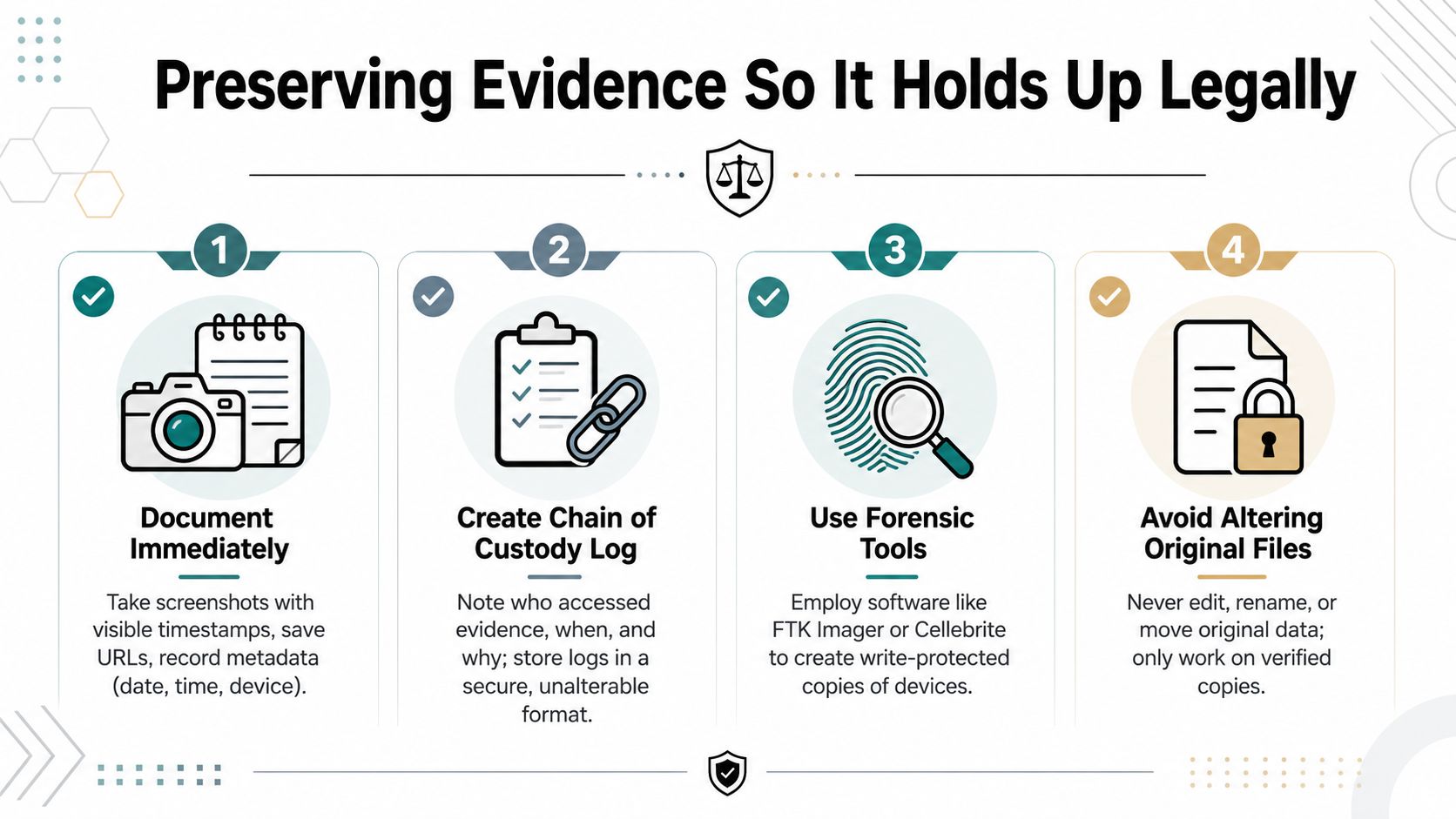 An infographic detailing four essential steps to legally preserve digital evidence during an infidelity investigation.