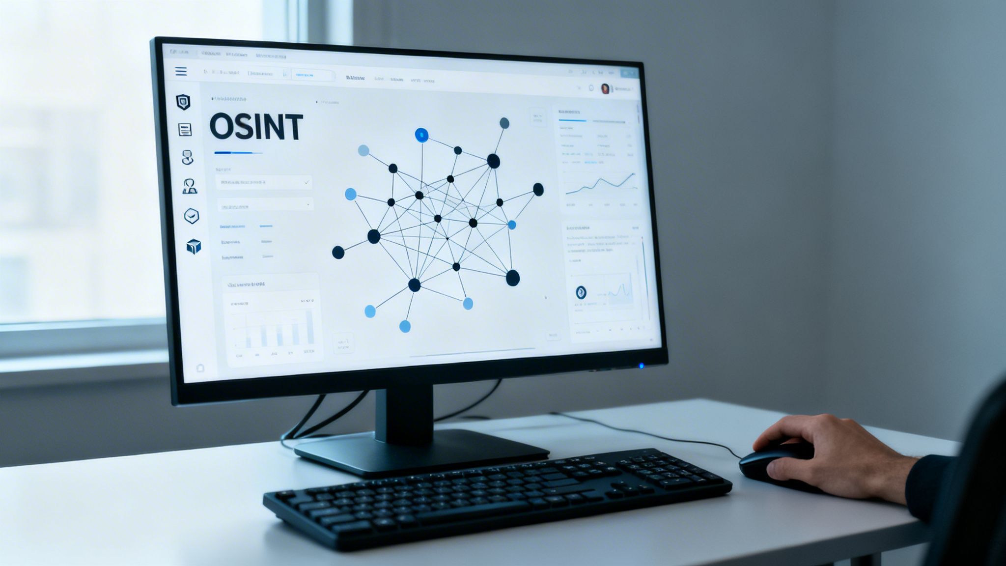 A person's hand uses a mouse at a computer displaying an OSINT dashboard with network data.