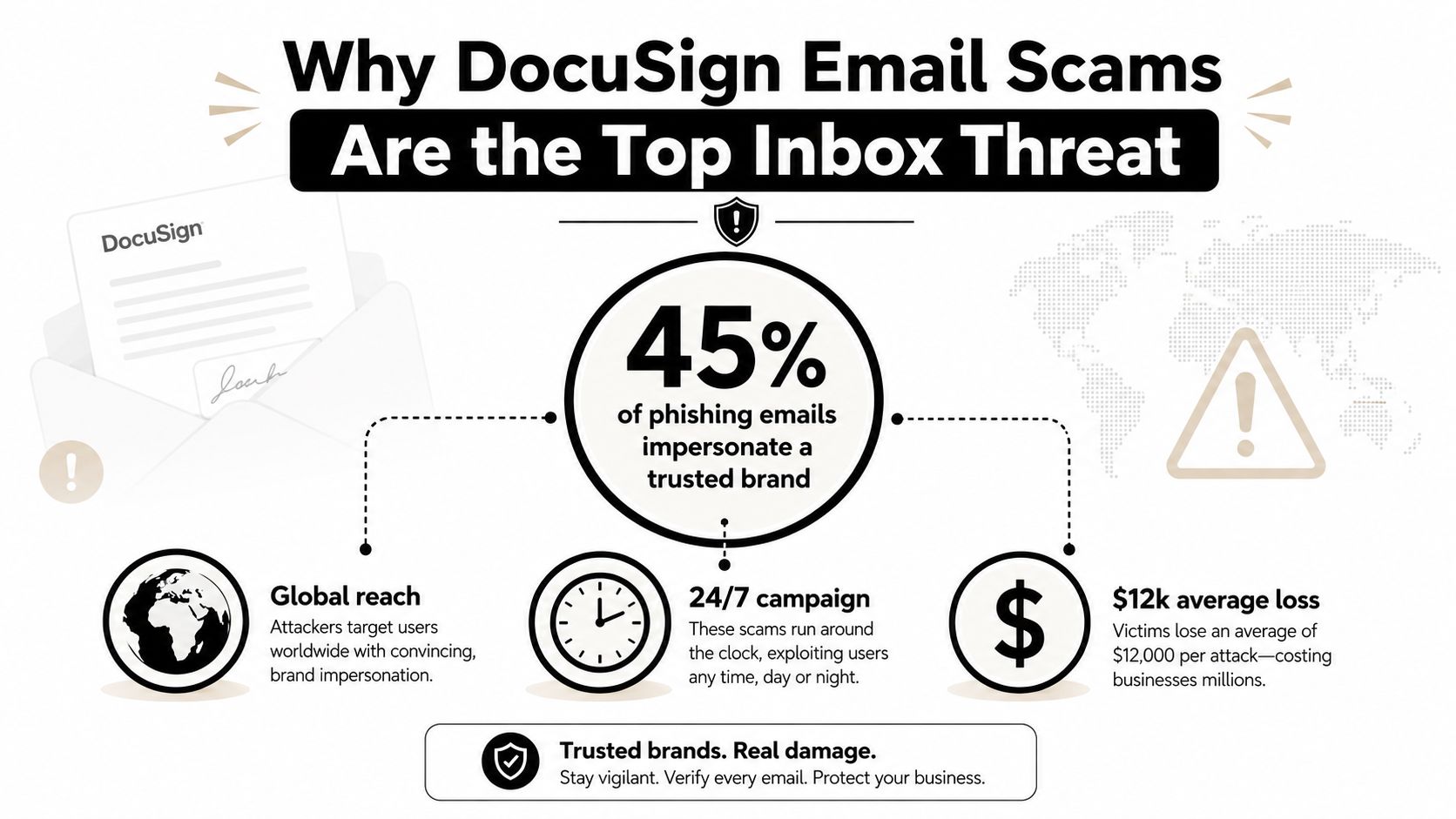 An infographic showing that 45% of phishing emails impersonate trusted brands like DocuSign, causing global financial damage.