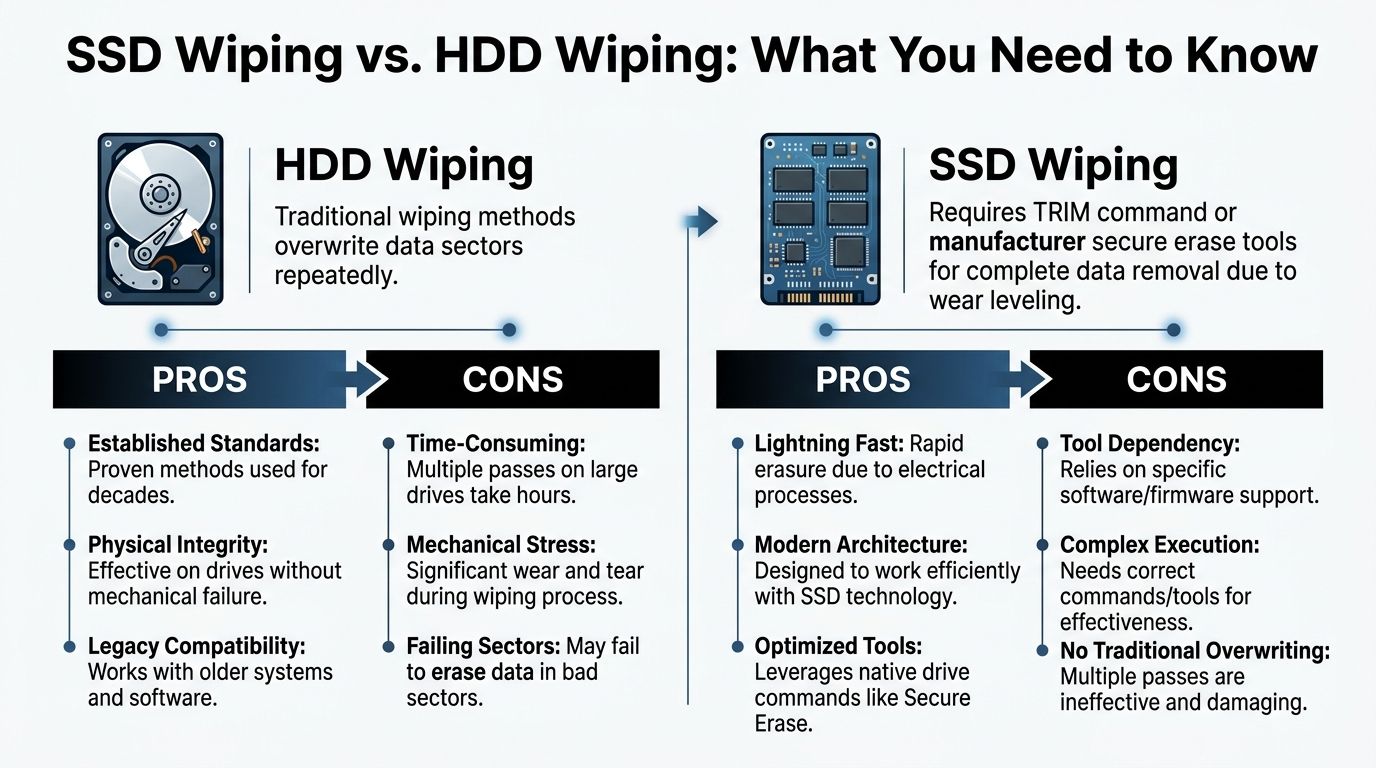 A comparative infographic explaining the differences between wiping data from traditional hard disk drives and solid state drives.