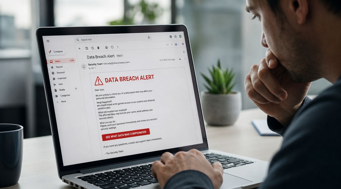 A man looks concerned while viewing a data breach notification alert email on his laptop screen.