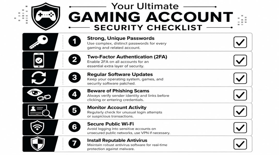 An infographic checklist titled Your Ultimate Gaming Account Security Checklist featuring seven essential tips for account safety.