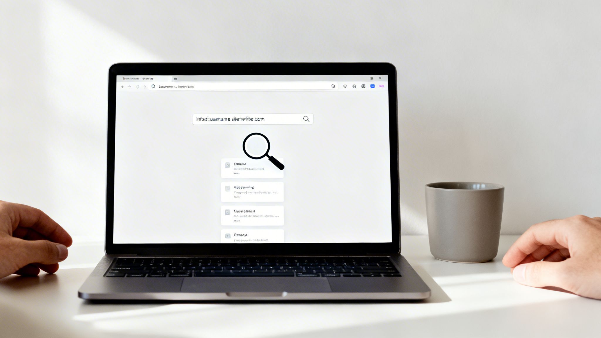Hands typing on a laptop, performing an online search for a username on Twitter, with a coffee mug.