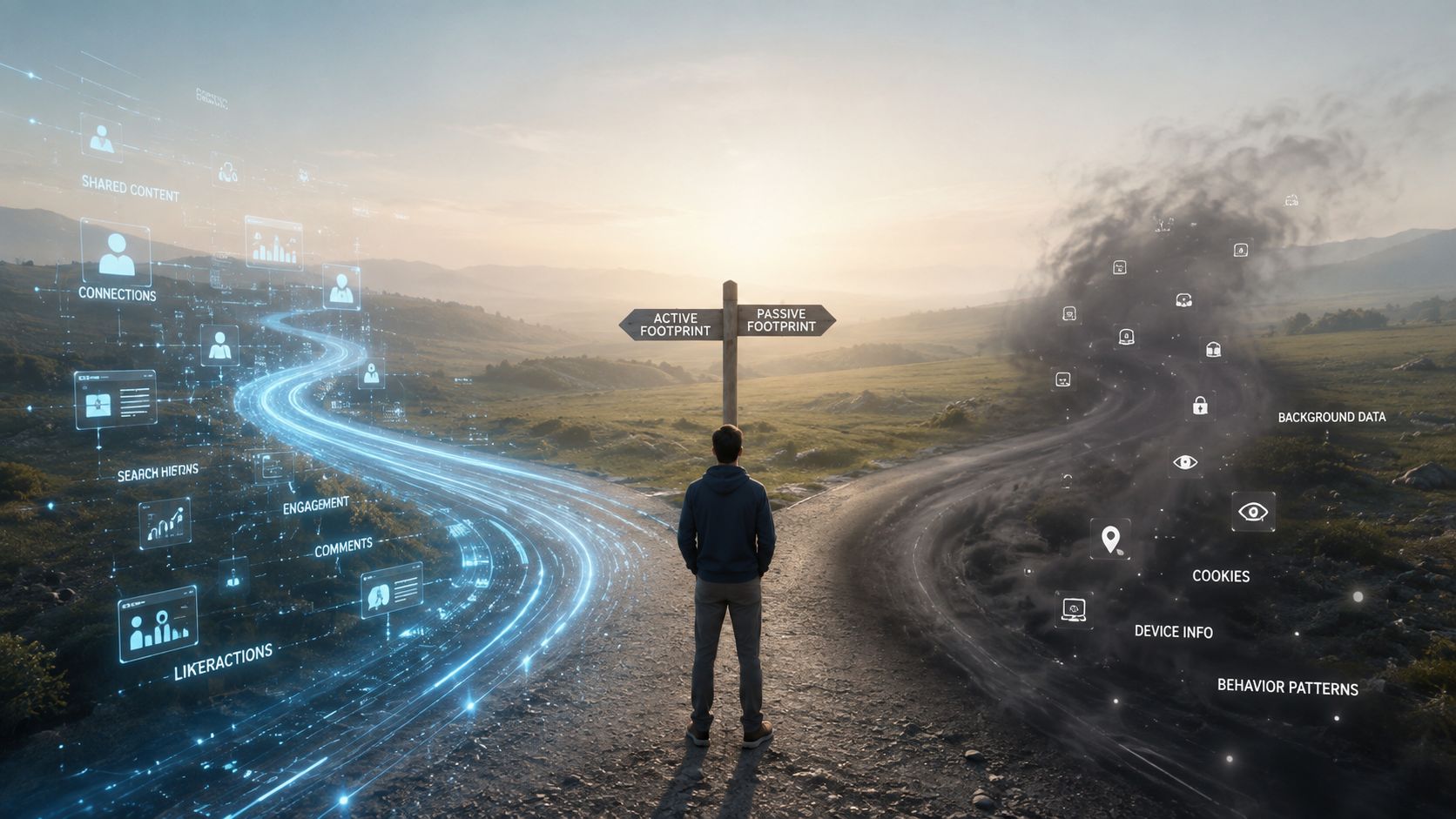 A person standing at a crossroads choosing between an active digital footprint and a passive digital footprint.