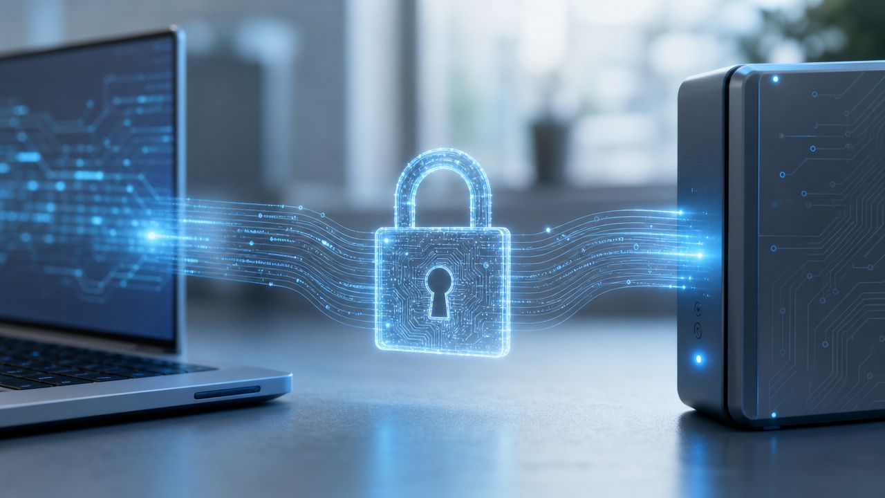 A digital representation of data security showing a glowing padlock connecting a laptop to an external drive.