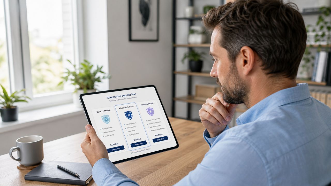 A man sitting at a wooden desk looking at a tablet screen displaying security plan pricing options.