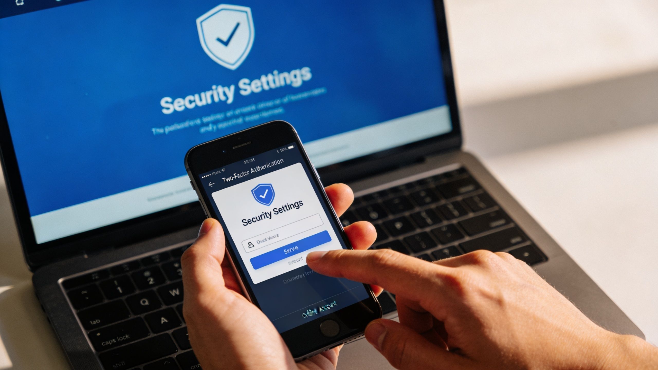 A person holding a smartphone showing two-factor authentication security settings with a laptop in the background.
