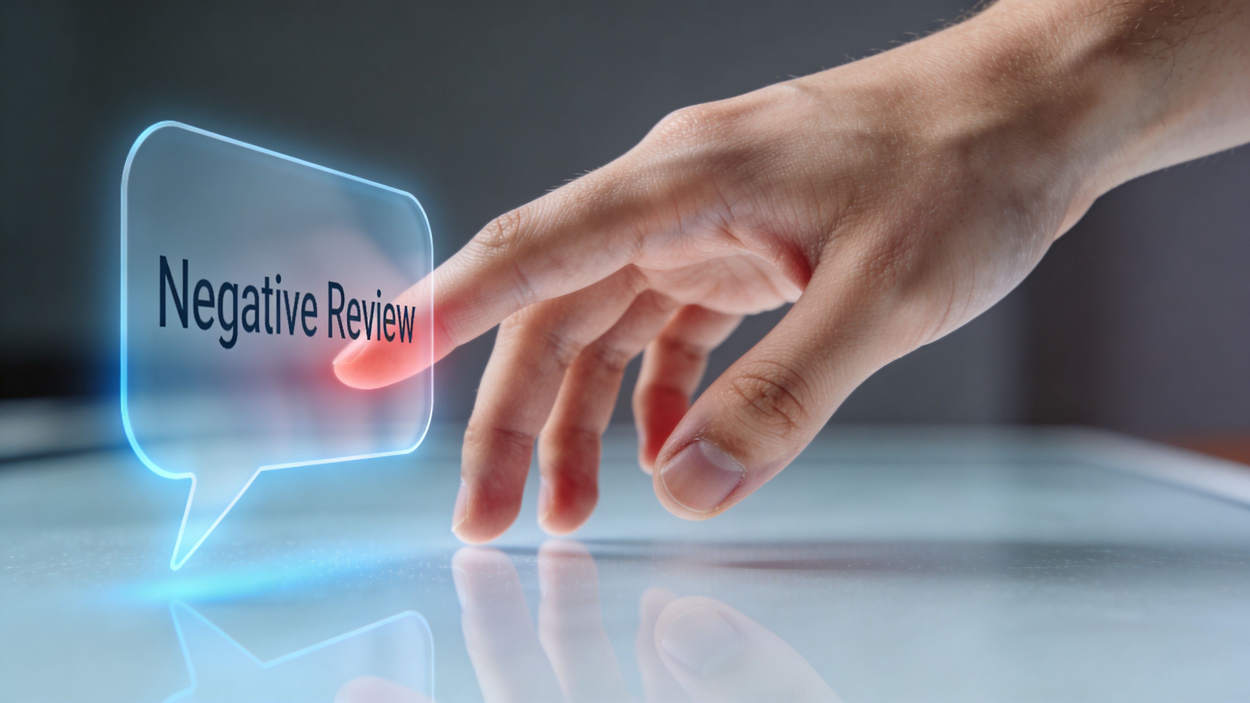 A hand reaching out to touch a holographic digital speech bubble displaying the words Negative Review.