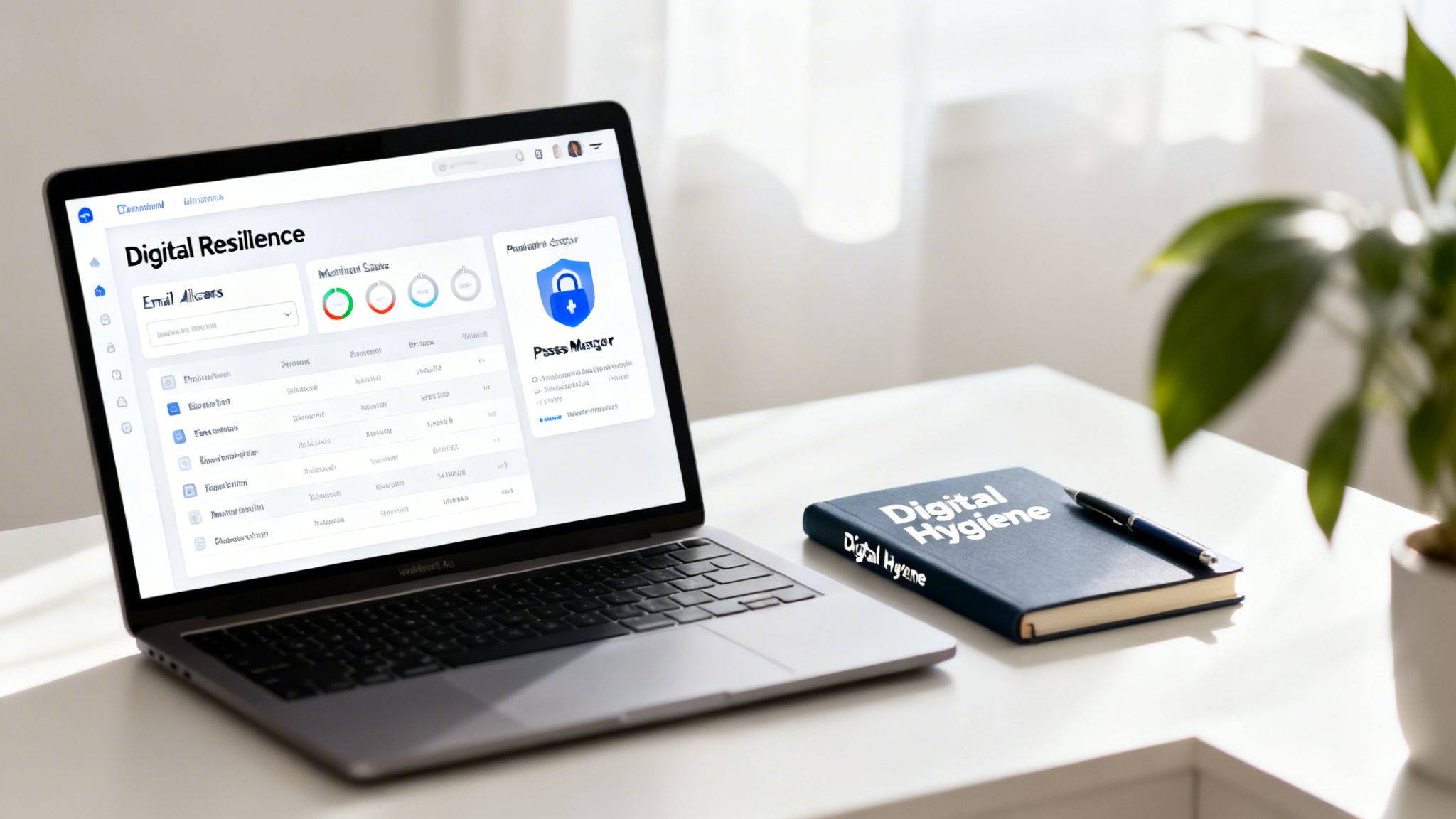 Laptop displaying digital resilience dashboard, digital hygiene notebook, and a pen on a white desk.