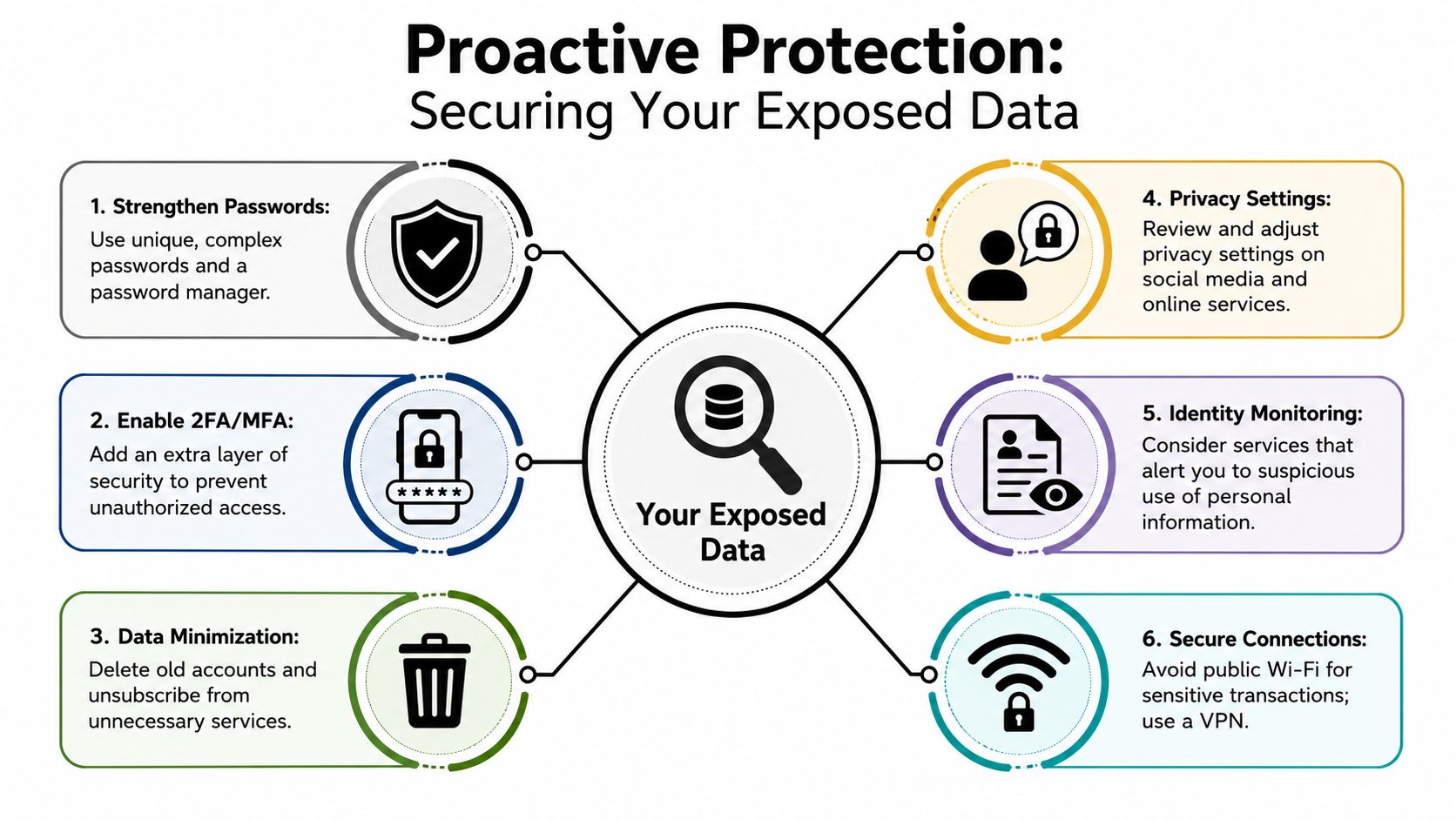 A diagram outlining six steps for proactive protection to secure personal data exposed online.