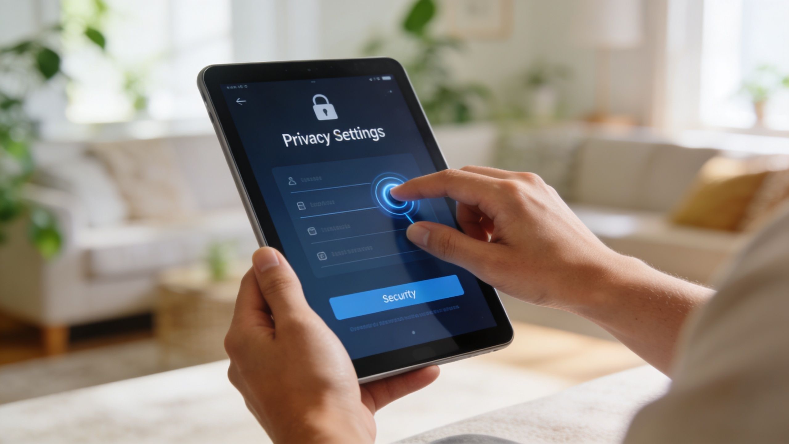 A person holds a tablet displaying a privacy settings menu while interacting with the touchscreen interface.
