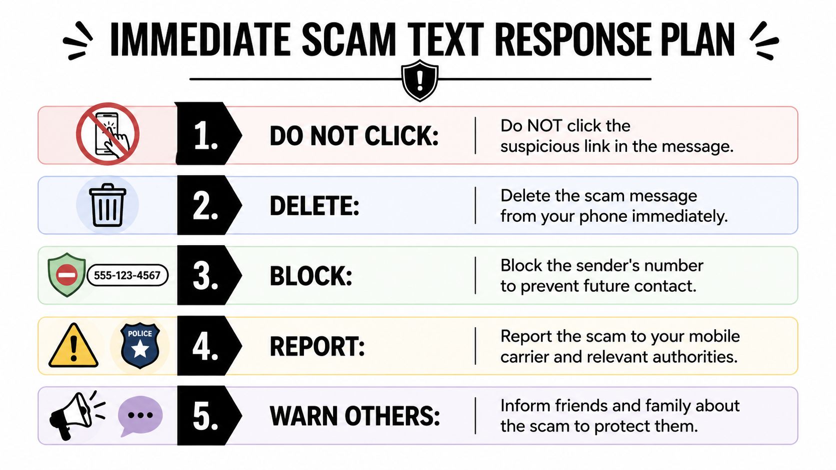 An infographic titled Immediate Scam Text Response Plan outlines five essential steps to handle fraudulent messages safely.
