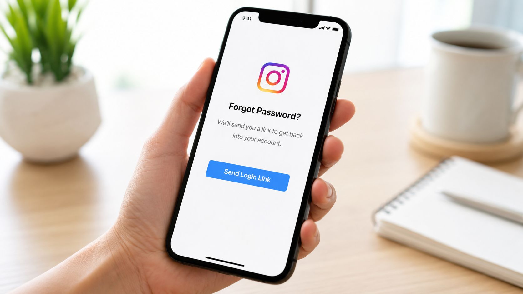 A hand holding a smartphone displaying the Instagram forgot password screen to recover an account.