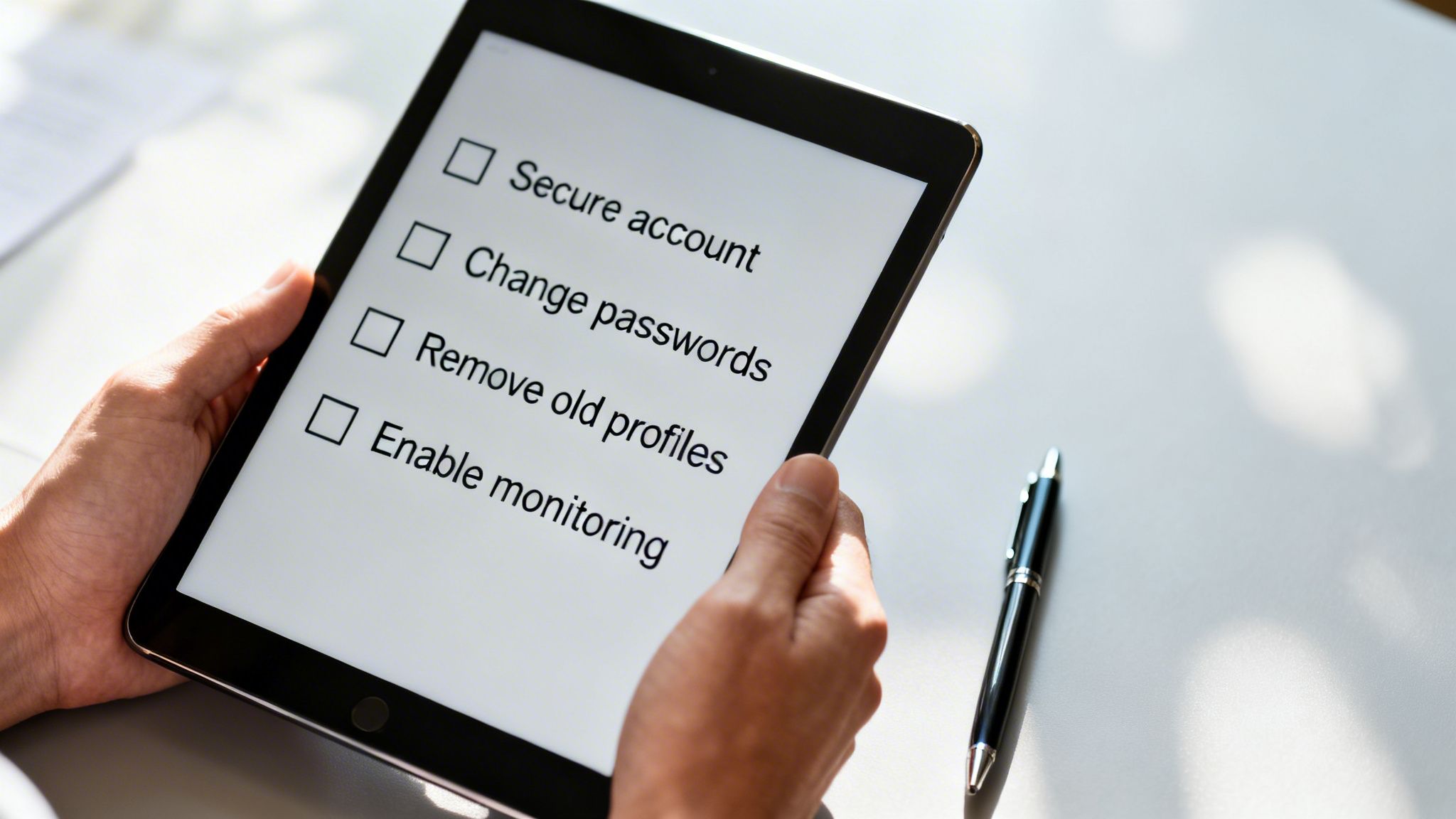A person holds a tablet displaying a digital checklist for securing an account, including changing passwords.