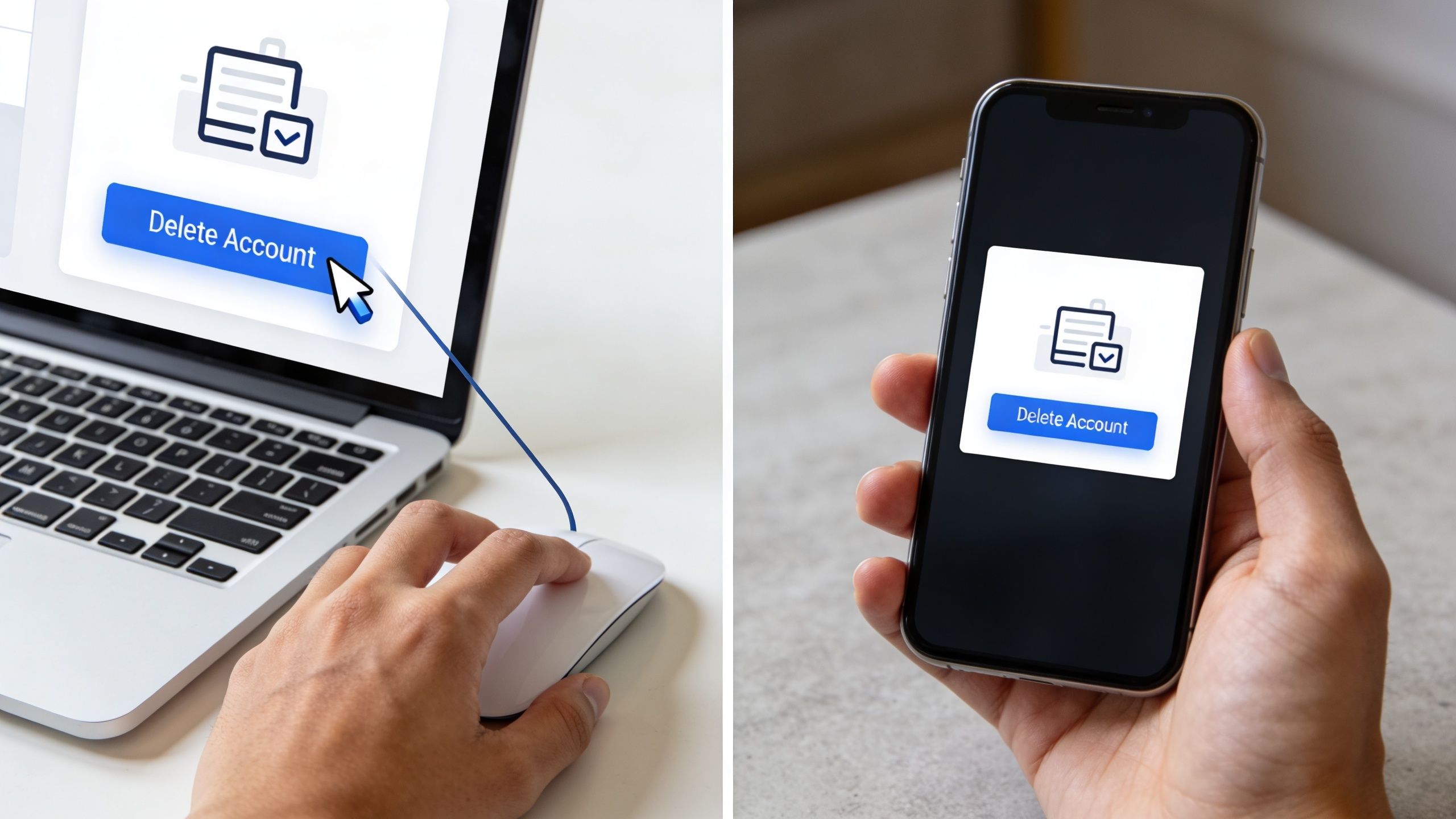 A split image showing a hand using a computer mouse and a hand holding a smartphone for account deletion.