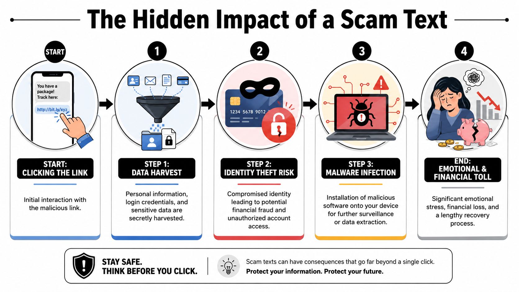 An infographic showing the dangerous four-step process of falling victim to a scam text message.