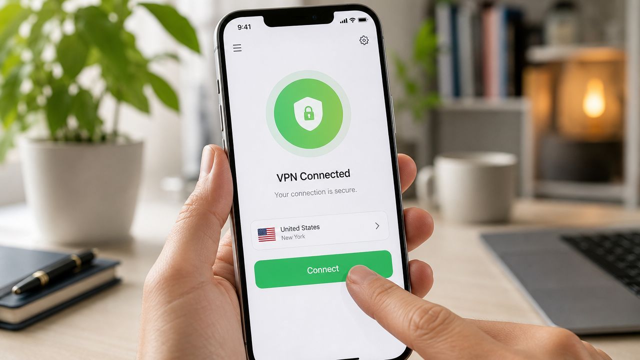 A close-up of a person using a smartphone to manage a VPN connection on screen.