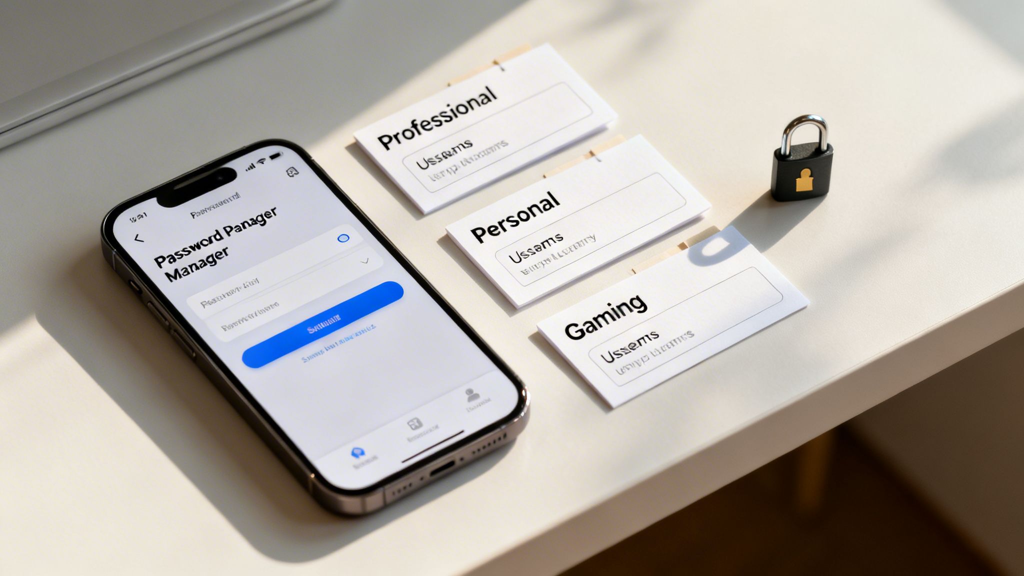 A smartphone displays a password manager app alongside categorized cards for professional, personal, and gaming accounts.