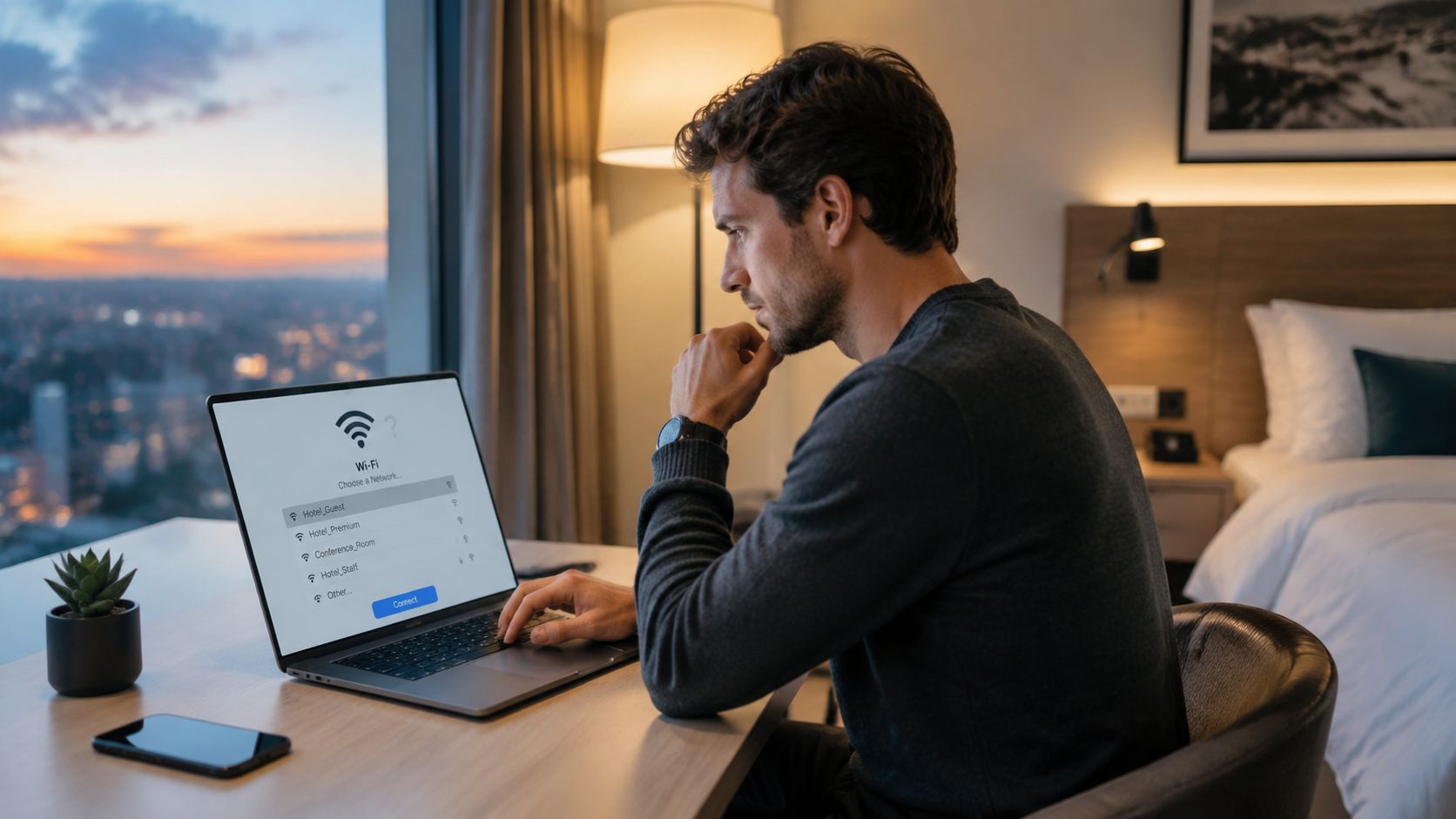 A man using a laptop in a hotel room while choosing a wireless network connection.
