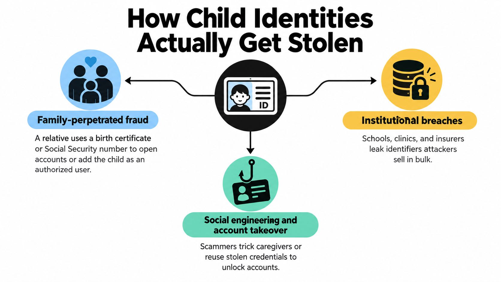 A diagram illustrating three main methods of child identity theft, including family fraud, institutional breaches, and phishing.