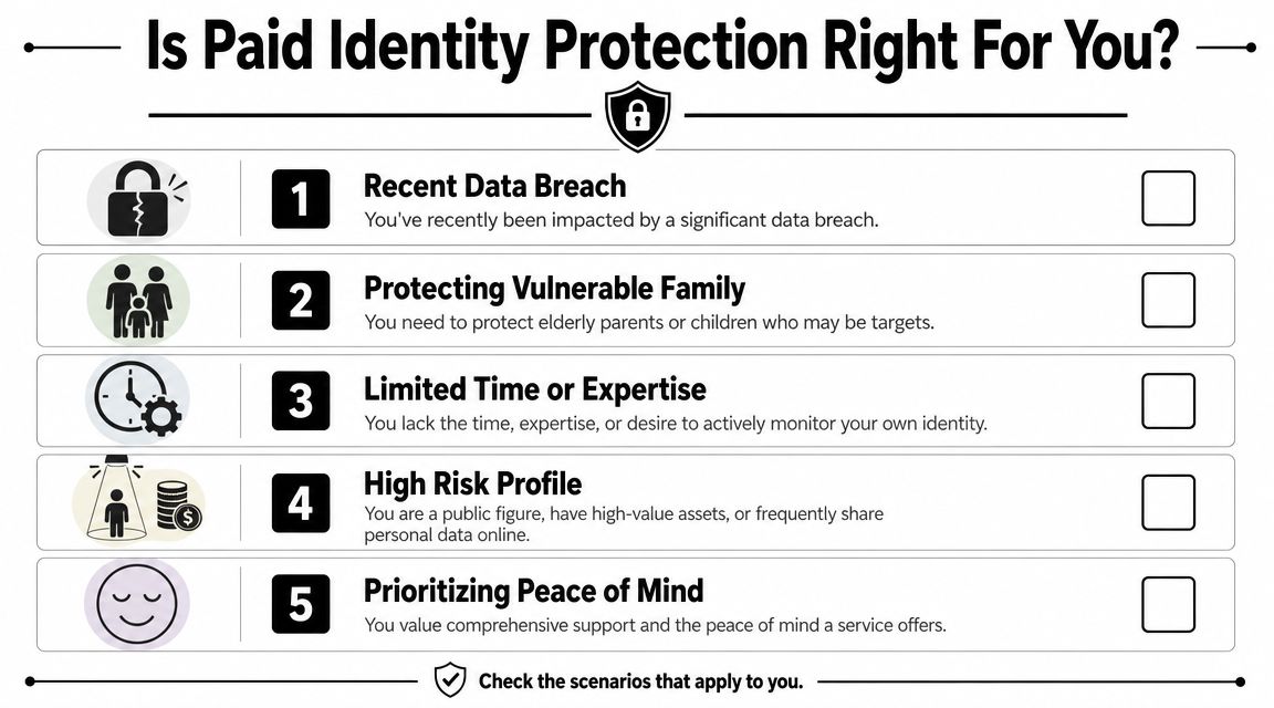 A checklist titled Is Paid Identity Protection Right For You with five scenarios for monitoring services.