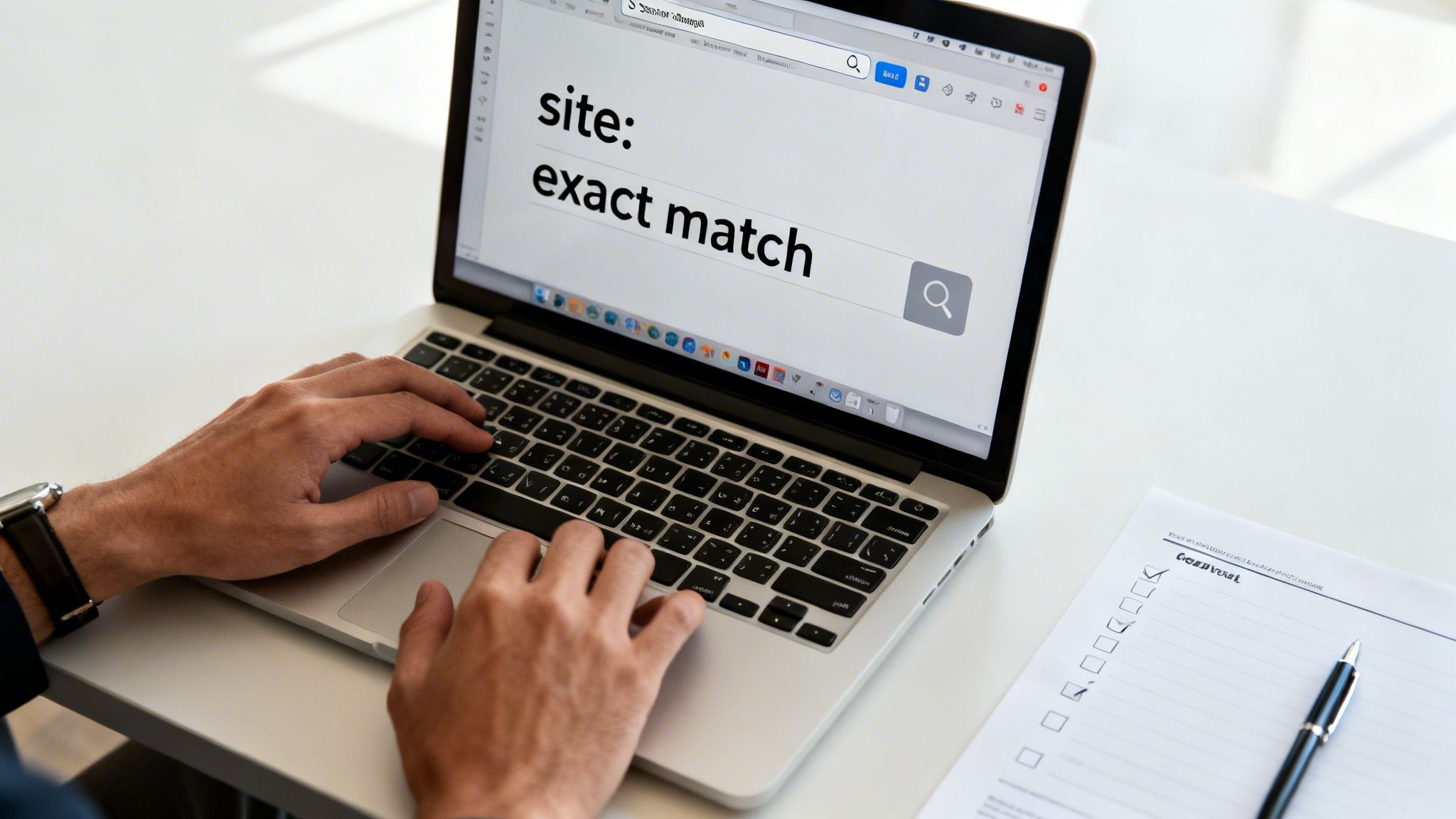 A person types on a laptop, searching for 'site: exact match' on a white desk with a checklist.