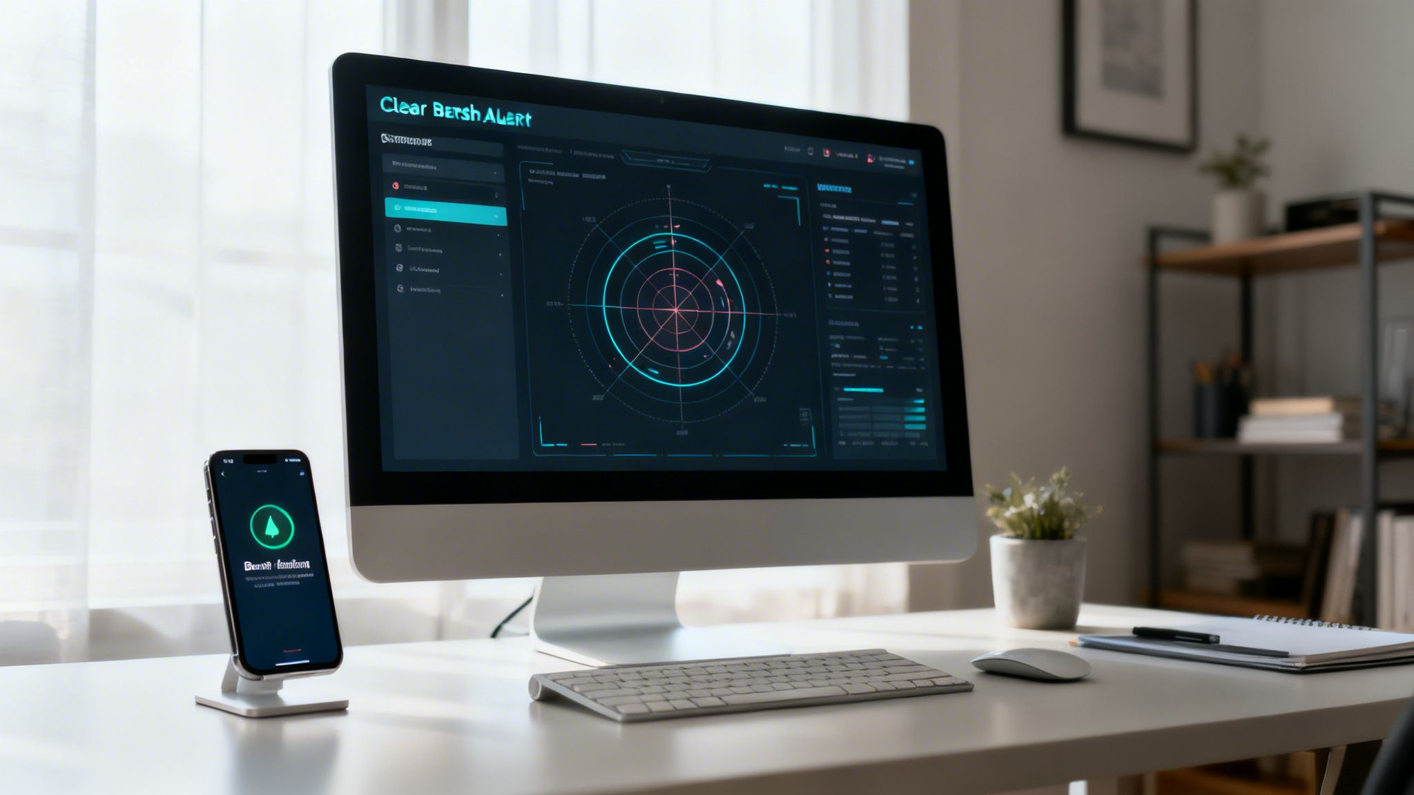 Digital workspace with monitor and phone showing data alerts for security and online identity.