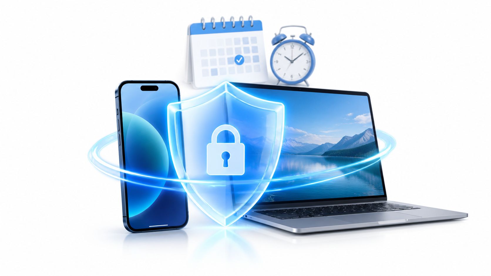 A smartphone and laptop protected by a glowing digital shield with a padlock icon, illustrating data security.