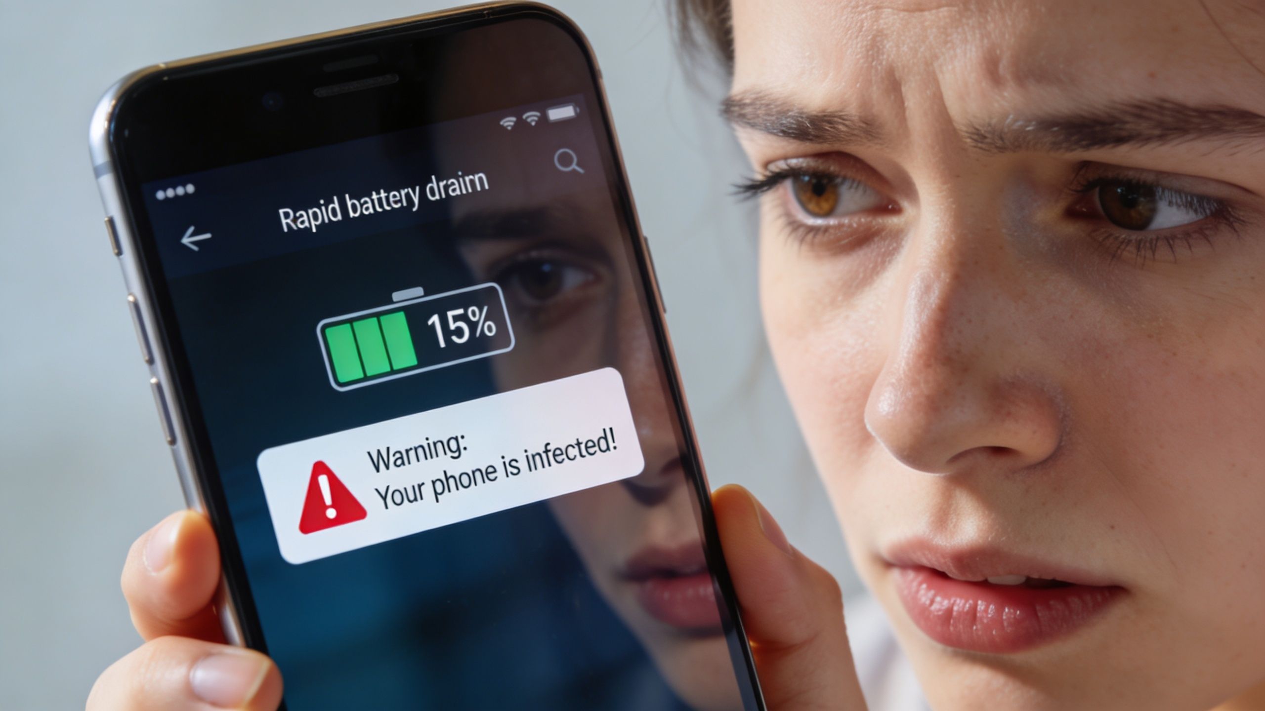 A concerned young woman looking at a smartphone screen displaying a virus warning and battery alert.