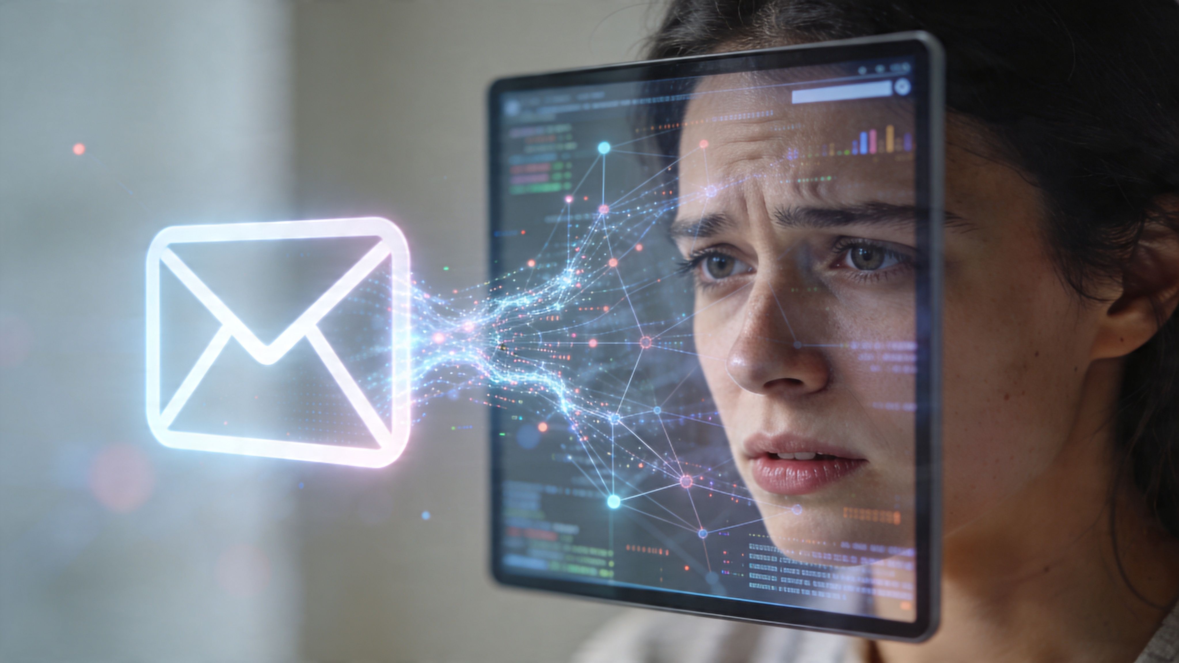 A worried woman viewing an anonymous digital email icon being transmitted through a glowing network interface.