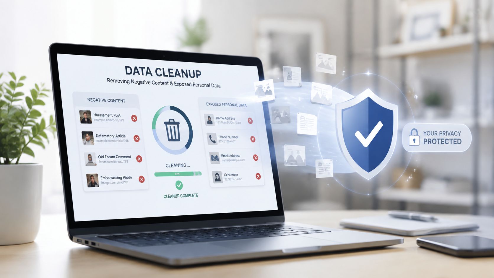 A laptop screen displaying a data cleanup interface protecting personal information and removing negative online content.