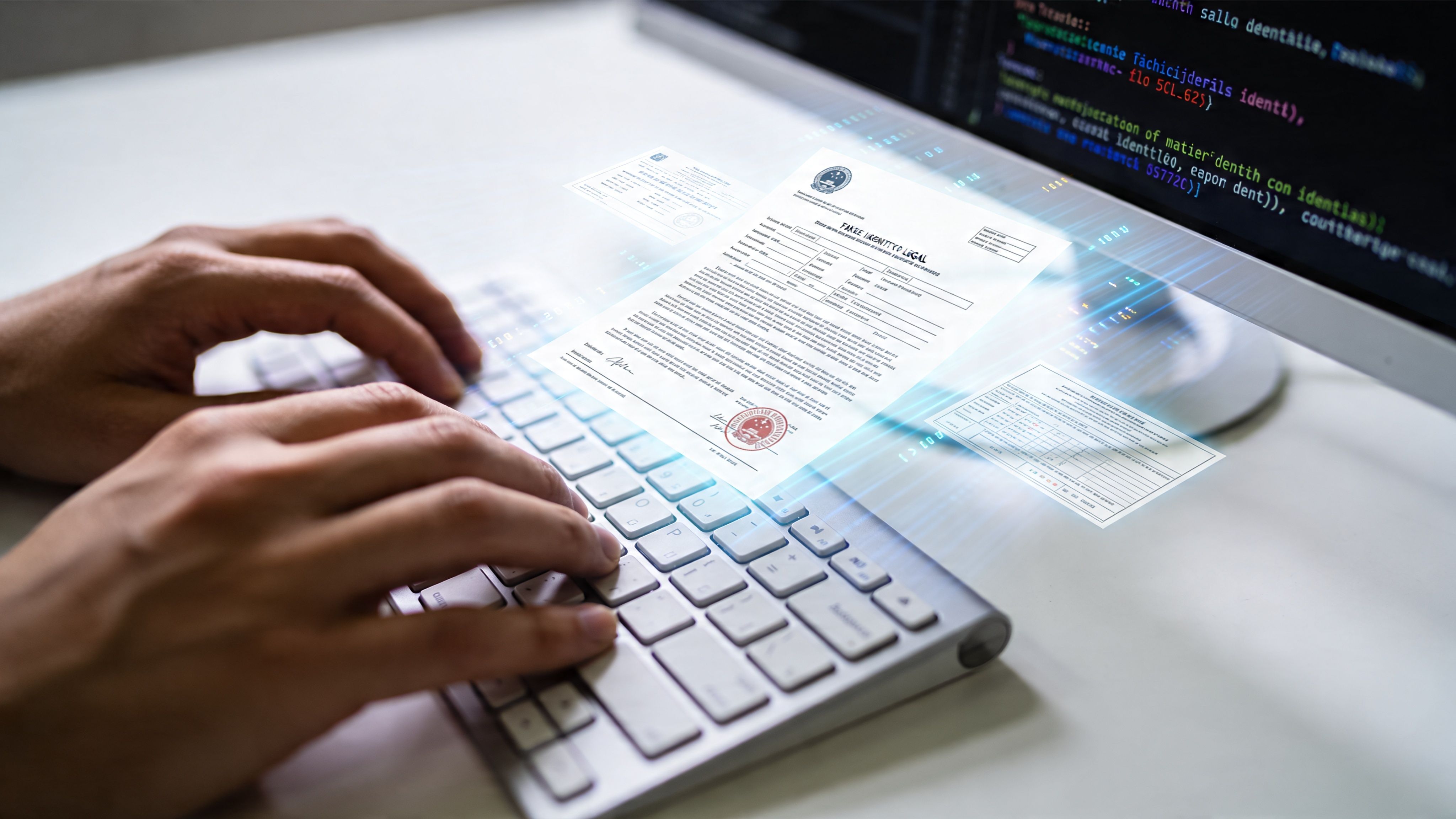 A person typing on a keyboard while digital documents about criminal identity theft float above the desk.