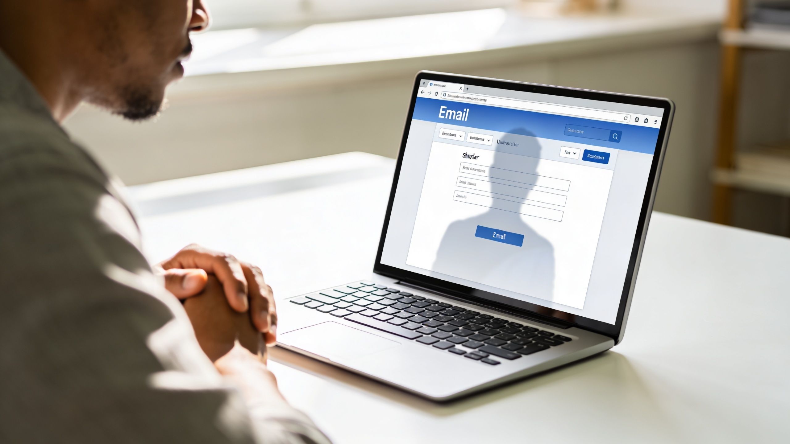 A person sitting at a desk viewing a Facebook account lookup by email page on a laptop.