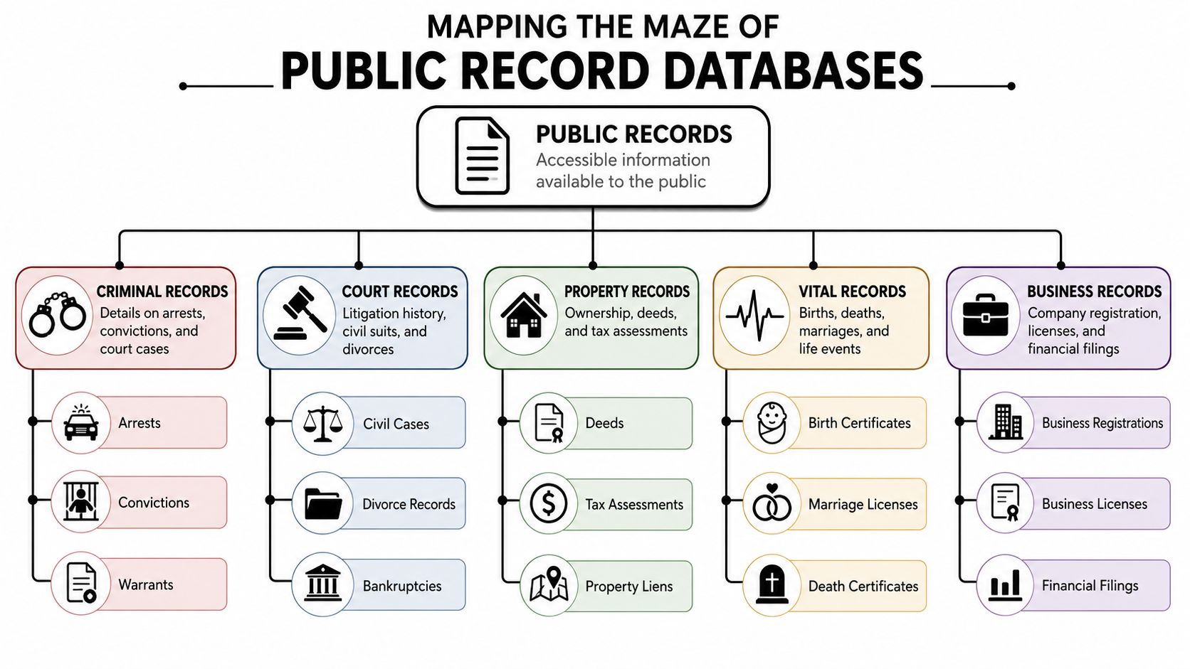 An infographic diagram outlining the categories and subcategories of publicly accessible records databases.
