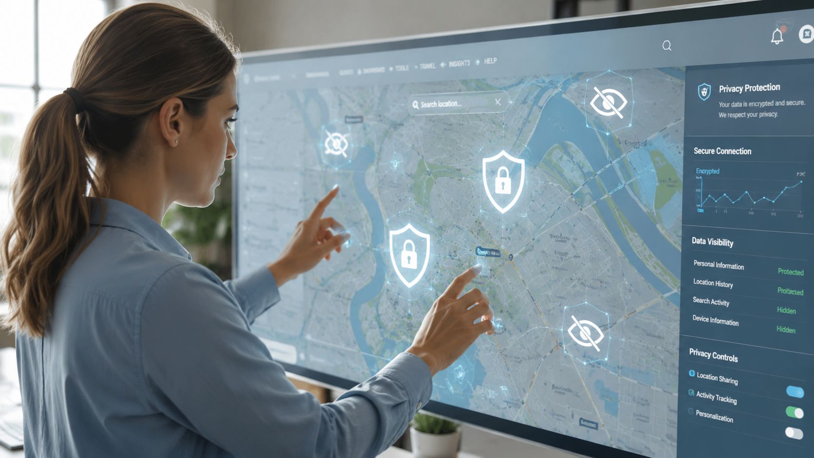 A woman interacting with a futuristic digital interface showing maps and data security privacy controls.