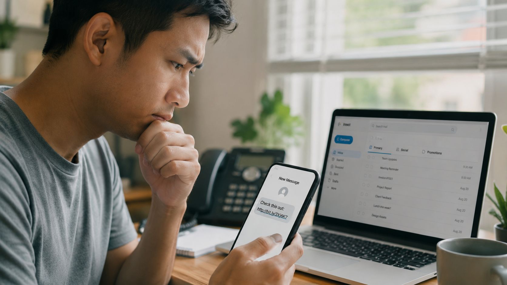 A concerned man examines a suspicious text message link on his smartphone while sitting at his desk.