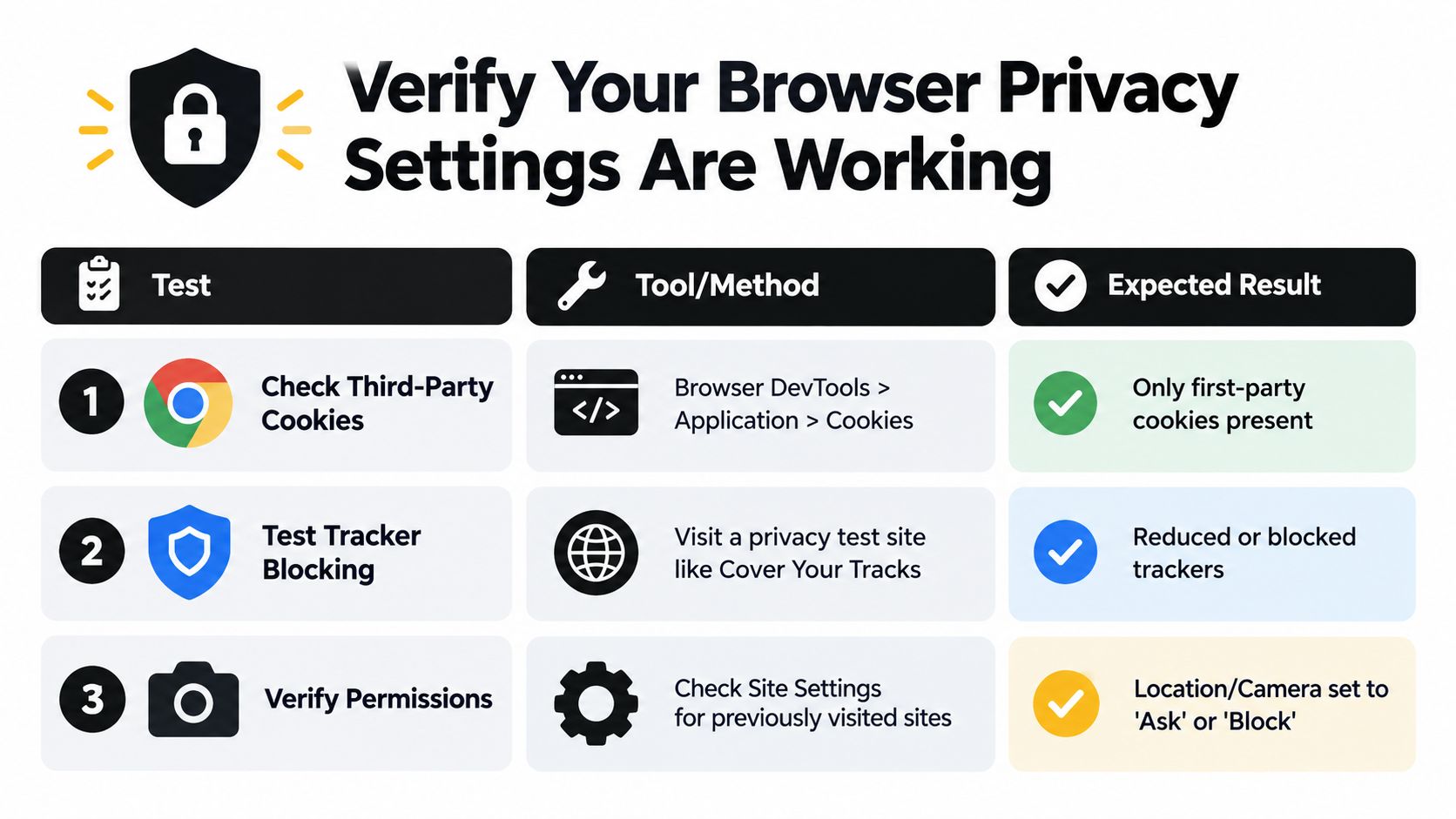An infographic showing a three-step guide to verifying your browser privacy settings for better online security.