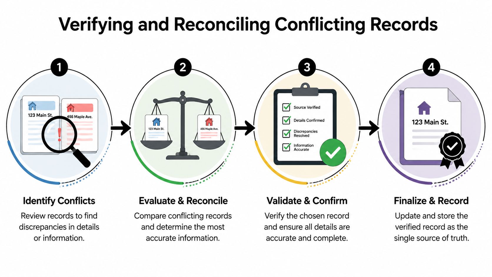 A flowchart showing four steps to identify, evaluate, validate, and finalize conflicting records for data accuracy.