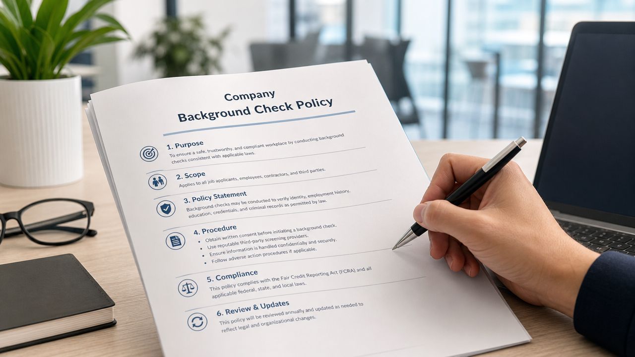 A professional signing a printed company background check policy document at an office desk with a laptop.