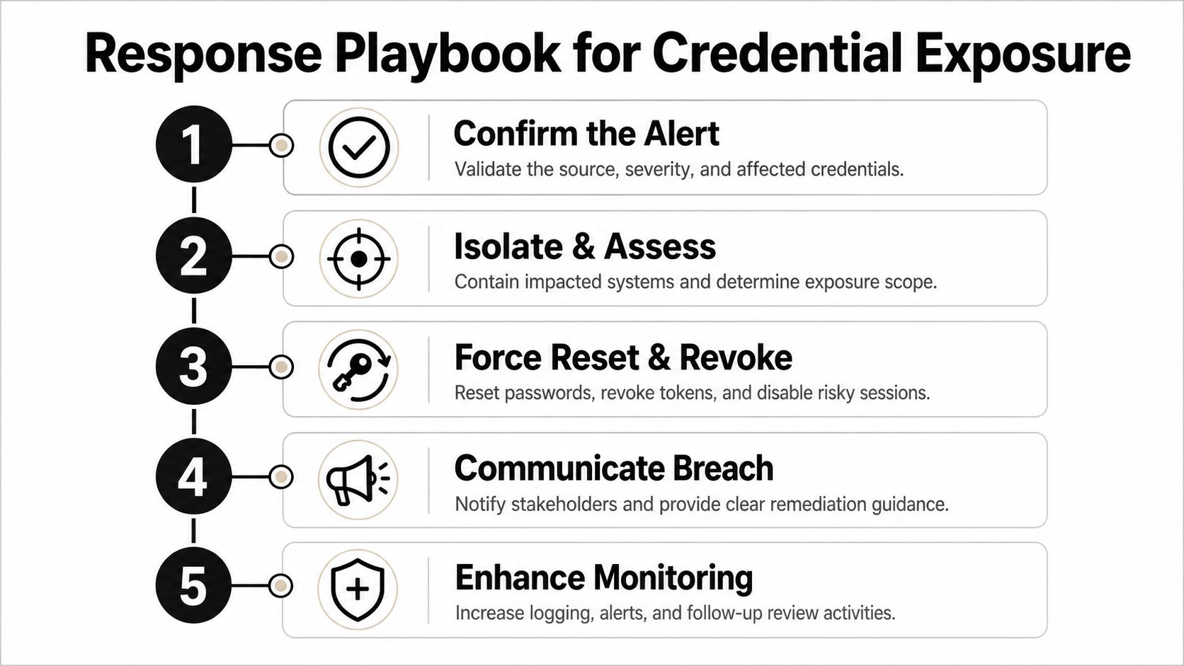 A five-step flowchart outlining the response playbook for handling credential exposure and security incidents.