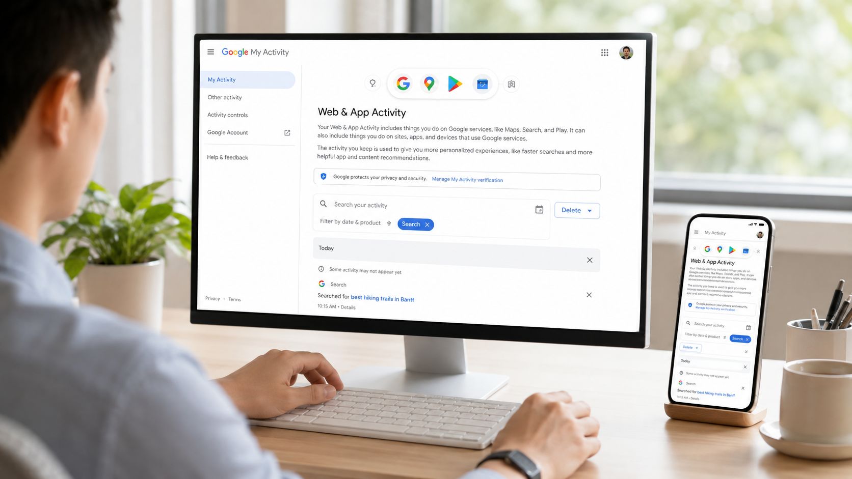 A person using a computer to access Google's My Activity page to manage their search and app history.