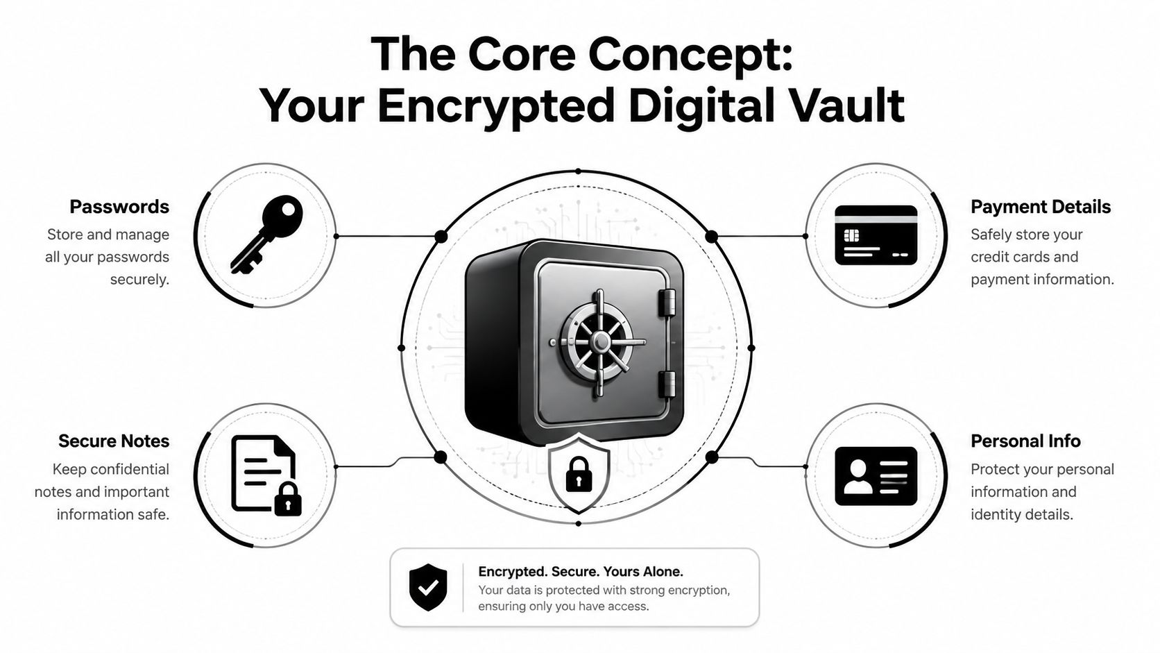 An infographic showing a digital vault protecting passwords, payment details, secure notes, and personal identity information.