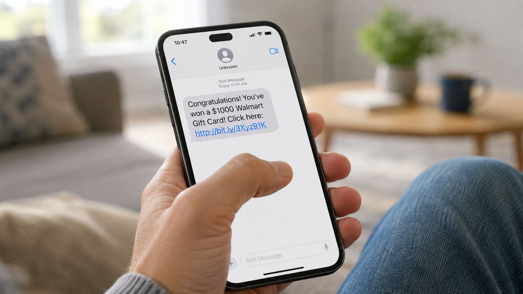 A hand holding a smartphone displaying a scam text message promising a free Walmart gift card.
